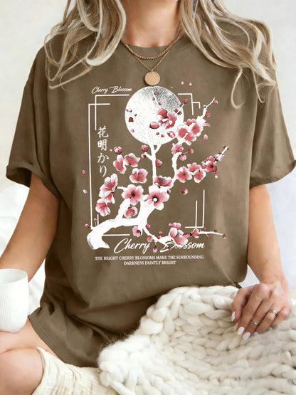 Japanese Cherry Blossom Design Women'S T-Shirt Loose Cotton T Shirts Crewneck Trendy Short Sleeve Y2K Summer Casual Streetwear