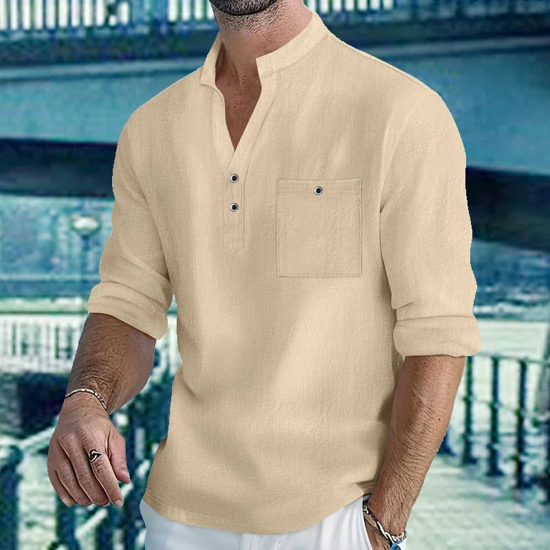 Men Mandarin Collar Long Sleeve Henley Cotton Linen Shirt With Chest Pocket Breathable Lightweight Beach Travel Daily Casual Top