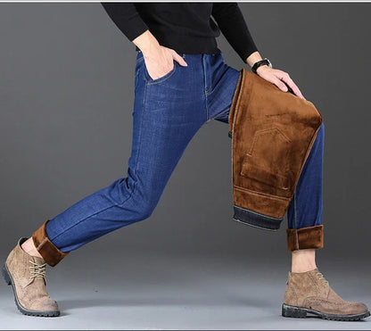 Men New Winter Classics Fleece Thick Warm Jeans Men's Loose Straight Elastic Denim Pants Casual Plush Trousers Large Size 28-40