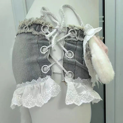 Y2K Sexy Lace Up Denim Shorts Women Summer Streetwear Cute Doll Splicing Hot Girl Shorts Fashion Low Waist Lace Patchwork Jeans
