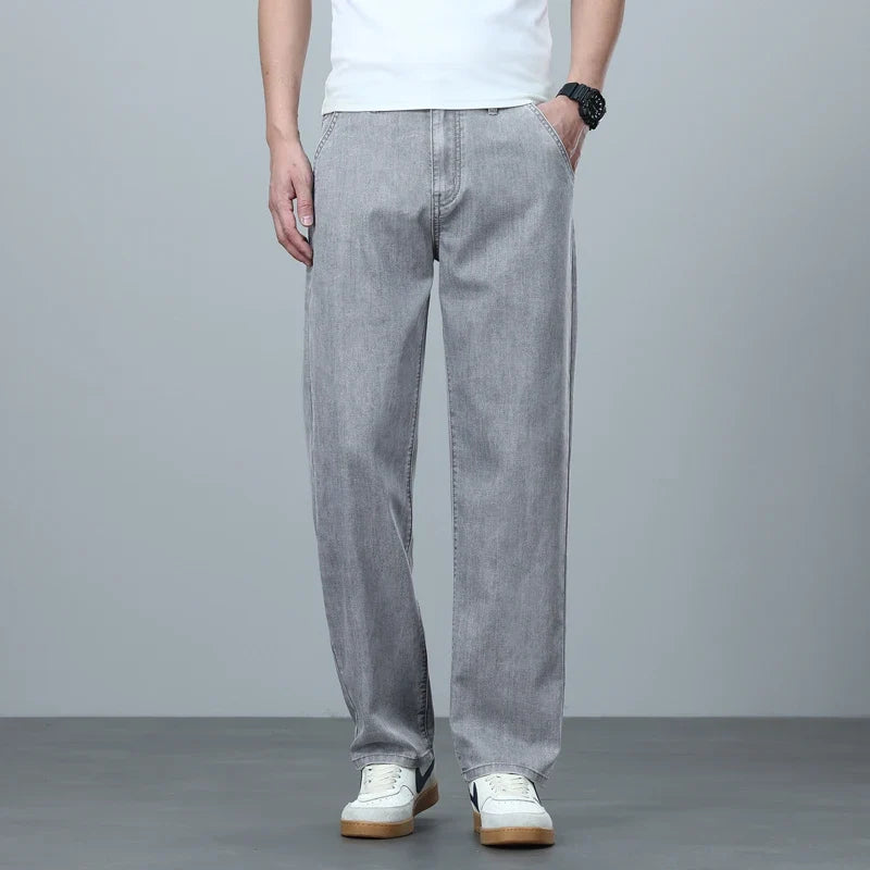High Quality Spring Summer Lyocell Men's Jeans Loose Straight Wide Leg Casual With Slant Pockets Trousers Male  Plus Size 40