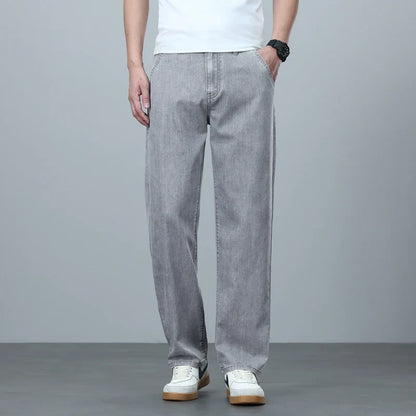 High Quality Spring Summer Lyocell Men's Jeans Loose Straight Wide Leg Casual With Slant Pockets Trousers Male  Plus Size 40