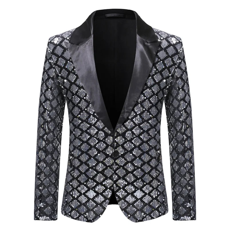 2026 Gold Men's Black Collar Suit Jacket, Glitter Sequin Decoration Wedding Party Dress Coat Black Silver Fashion Blazers.