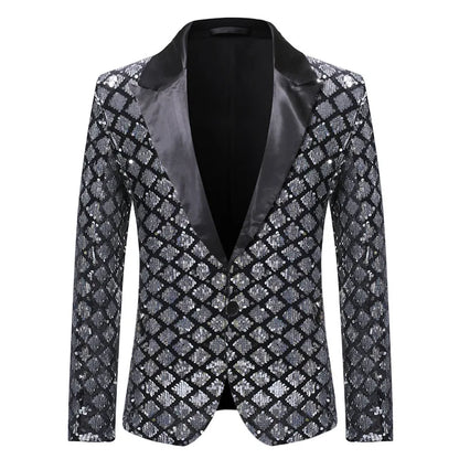 2026 Gold Men's Black Collar Suit Jacket, Glitter Sequin Decoration Wedding Party Dress Coat Black Silver Fashion Blazers.