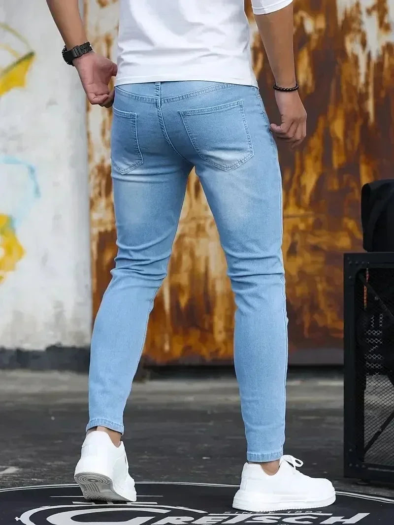 Men Jeans Stretch Skinny Denim Pants Solid Color Black Blue Spring Luxury Street Harajuku Hip-Hop Style Slim Fit Trousers Brand