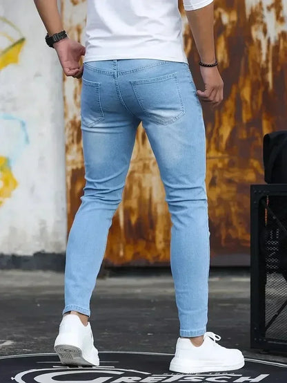 Men Jeans Stretch Skinny Denim Pants Solid Color Black Blue Spring Luxury Street Harajuku Hip-Hop Style Slim Fit Trousers Brand