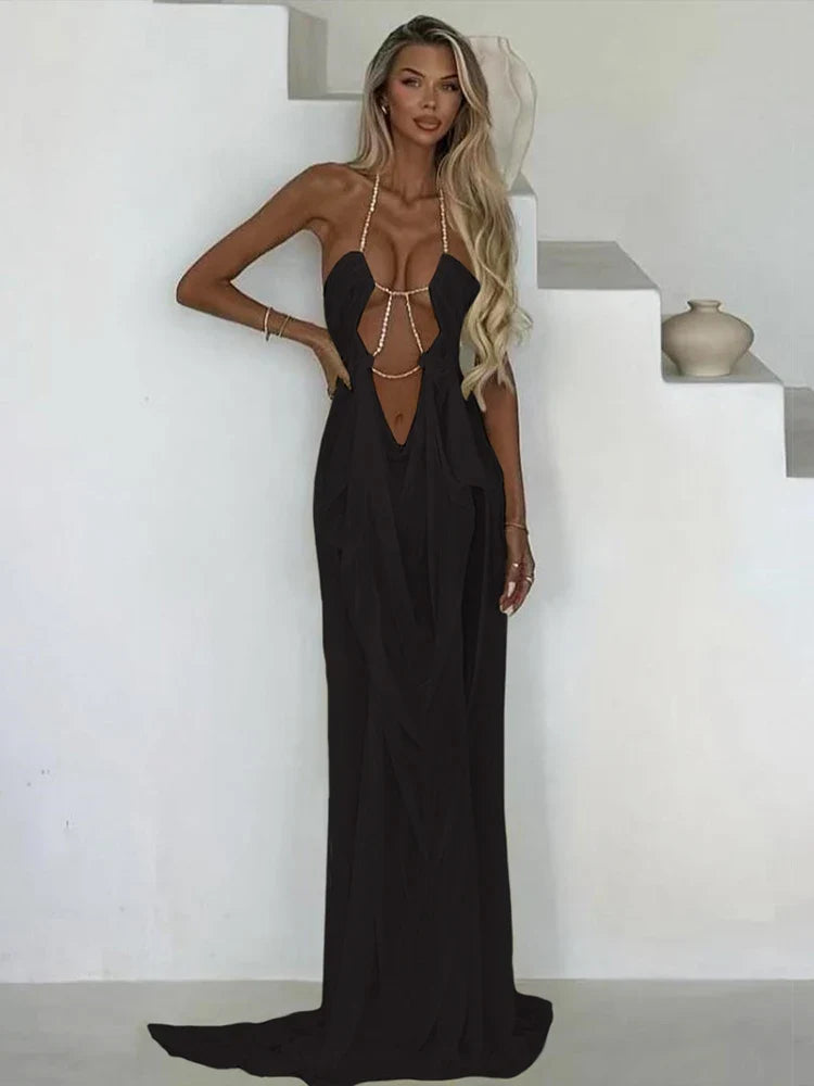 Prom Party Gown Dress Woman Sexy See Through Luxury Chain Halter Low-Neck Backless Sleeveless Midnight Elegant Vestidos