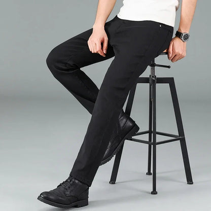 Men's Pure Black Slim Jeans Elastic Straight Pants Business Fashion Leisure Korean Vintage Skinny Small Feet Denim Pants Male