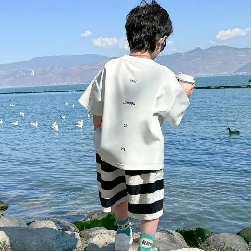 Summer Boys Cotton Leisure White T-Shirt Tops+Contrast Stripes Shorts Pant Set School Kids 2PCS Tracksuit Children Outfit 3-14Yr