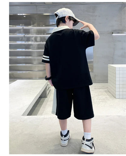 Boys Set Summer Children Clothing Korean Style Costumes Cotton Polo Shirt Shorts 2pcs Kids Casual Outfits Tracksuit Age 5-14 Y