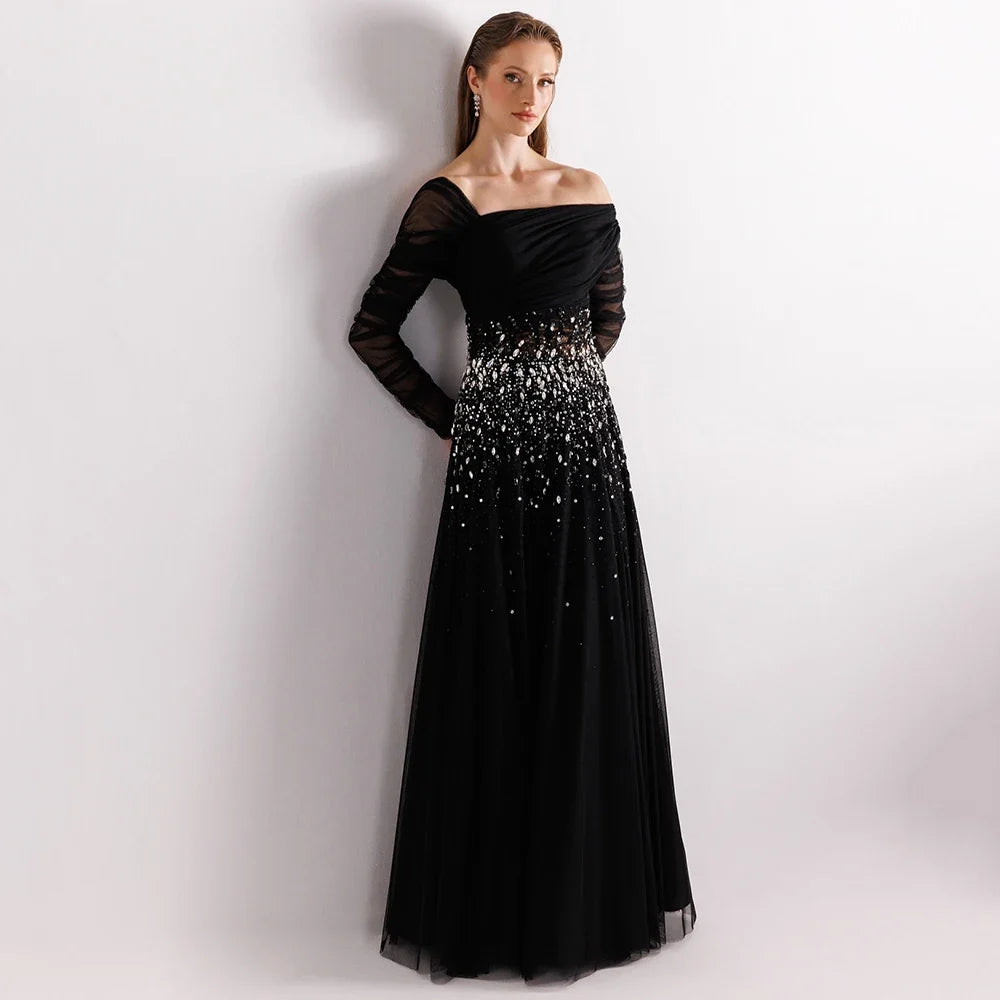 Customized Simple Black Boat Neck Tulle Evening Dress Full Sleeves With Crystal Party Dress A-line Floor Length Prom Gown