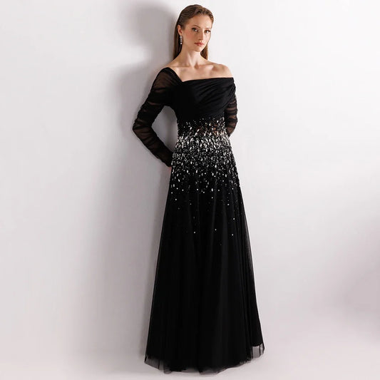 Customized Simple Black Boat Neck Tulle Evening Dress Full Sleeves With Crystal Party Dress A-line Floor Length Prom Gown