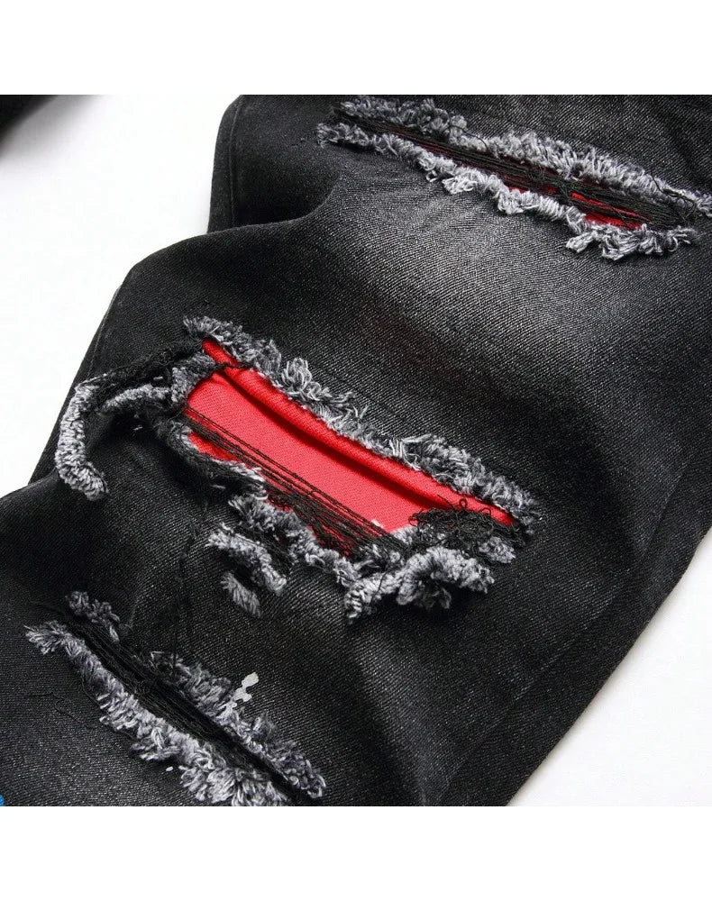 2025 Autumn New Stretch Jeans Fashionable Ripped Patchwork Slim European American Pants Male Paint Dot Hip Hop Denim Trousers