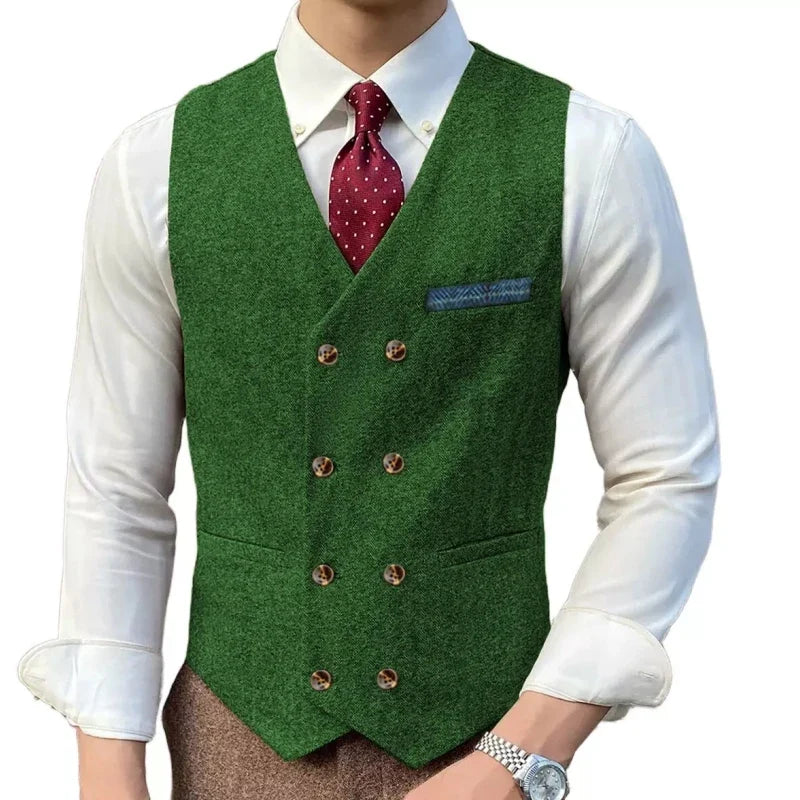 Men Vest Brown Solid Double ButtonTweed Slim Casual Business Waistcoat Jacket For Wedding Party Banquet Prom Set