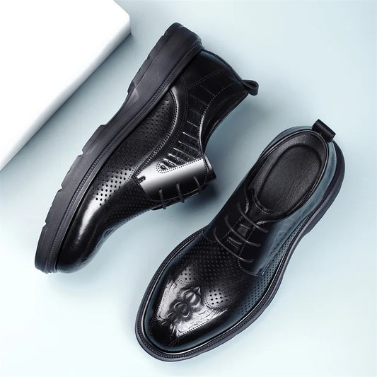 2026 Summer New Men's Cow Leather Oxford Shoes Hollow Out Formal Business Dress Shoes Male Non-slip Fashion Platform Shoe Man