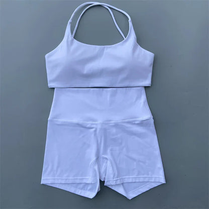Yoga Shorts Set Gym Two Piece Sports Set Women Workout Outfit Fitness Suit Cross Straps Bra High Waist Shorts Running Tracksuit