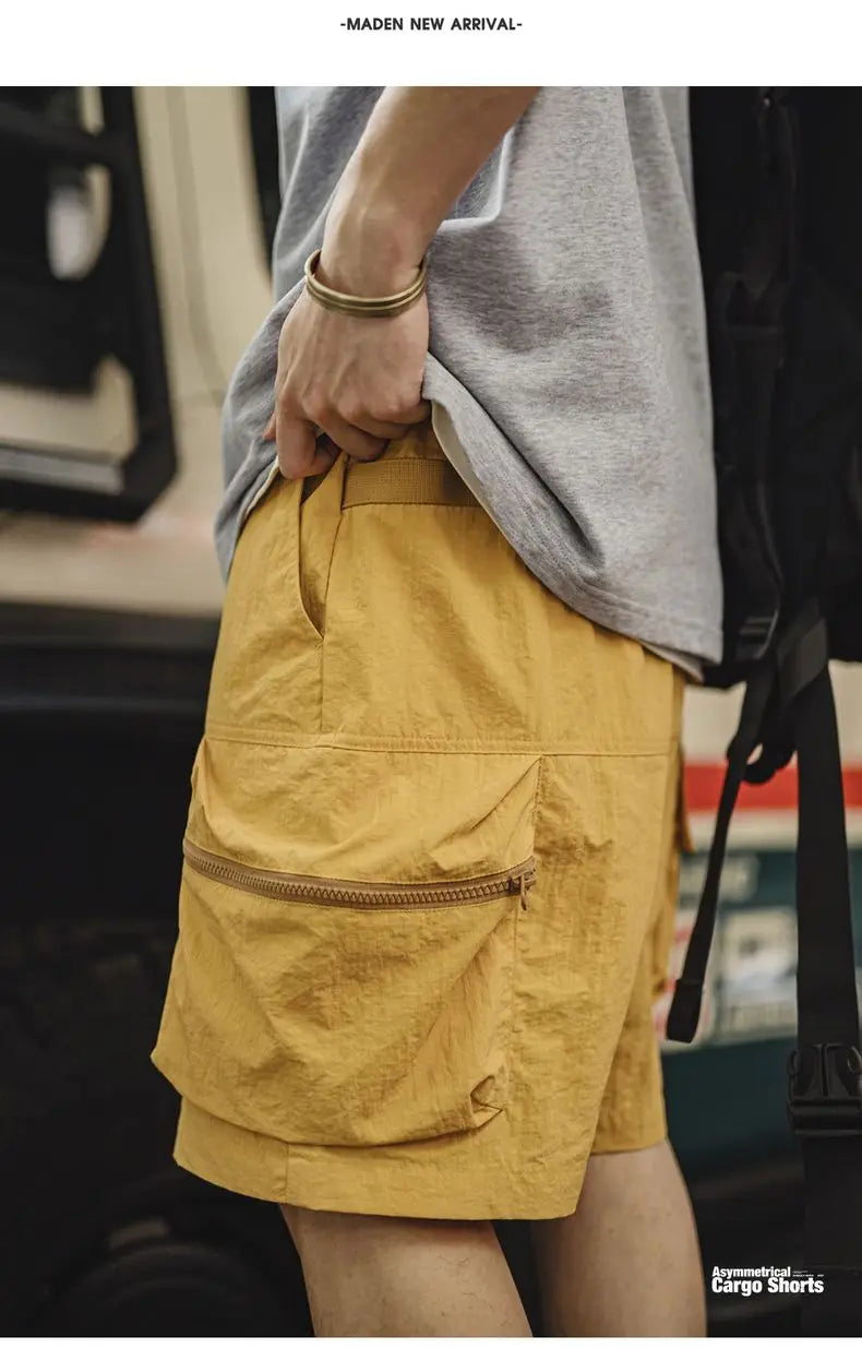 Outdoor Yellow Cargo Shorts Men's Summer Quick-Dry Lightweight Sports Shorts with Drawstring Waist Multi-Pocket Bottoms