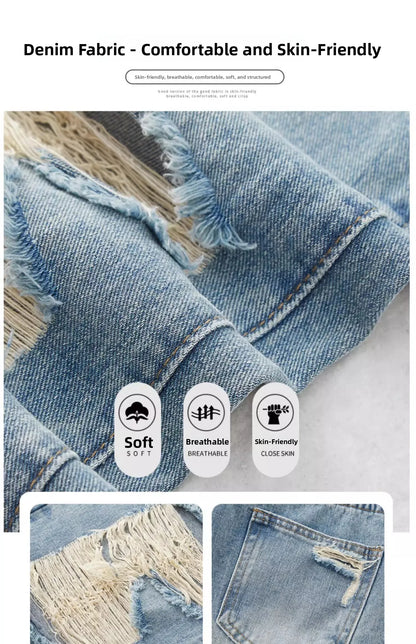 Trendy Ripped Straight Leg Jeans Women's Spring Summer High Waist Loose Wide Leg Pants Slimming Design Casual Denim Jeans