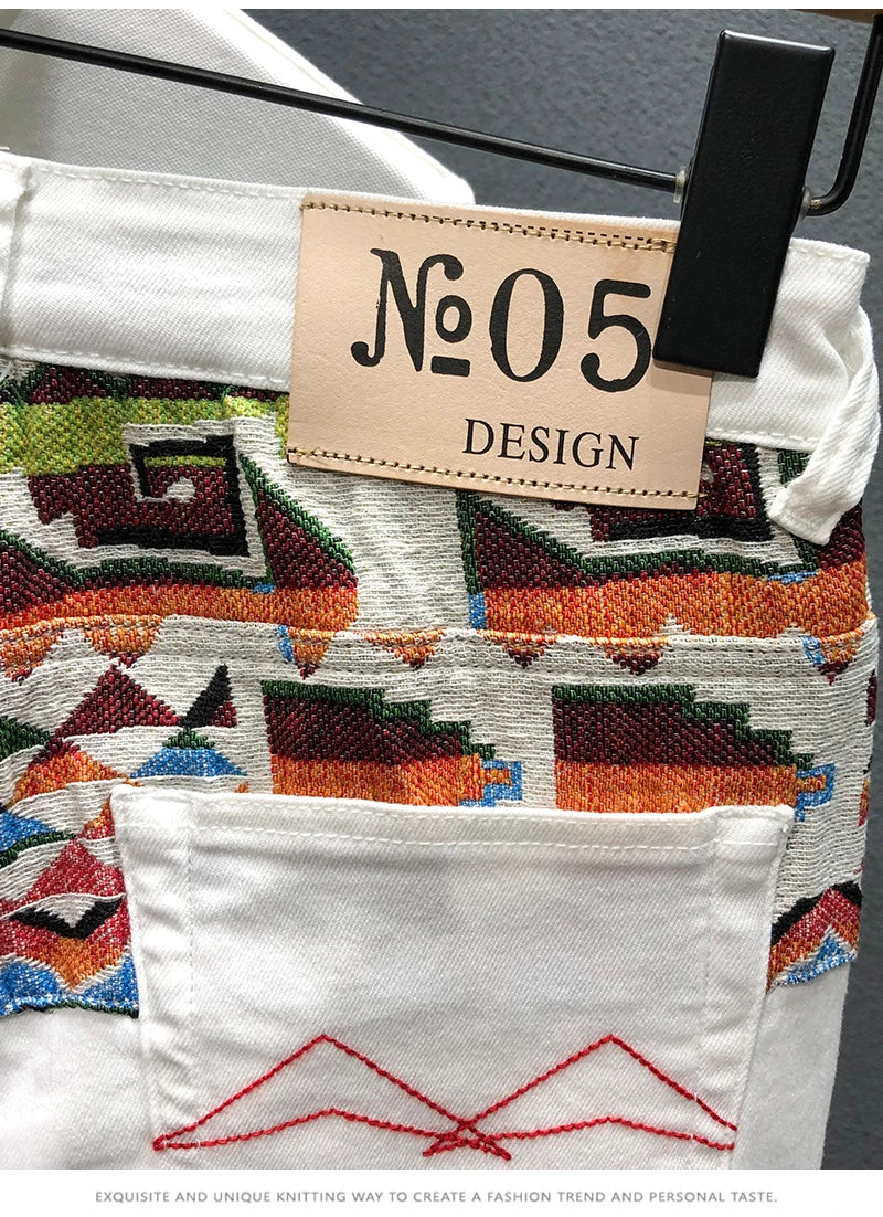 Summer New Denim Shorts Men's Stitching Embroidery Ripped Knee-length Shorts White Black Retro Blue Fashion High Quality Jeans