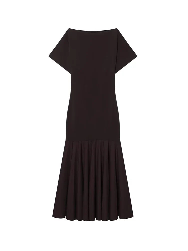 2026 Women Summer Fashion Solid Midi Dress Side Zipper Pleated Woman Ship-type Short Sleeved Stitching Holiday Party Dress