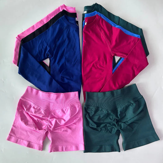 2 Pieces Set Women Longline Long Sleeve Gym Crop Top High Waist Workout Shorts Sports Suit Fitness Clothes Seamless Yoga Set