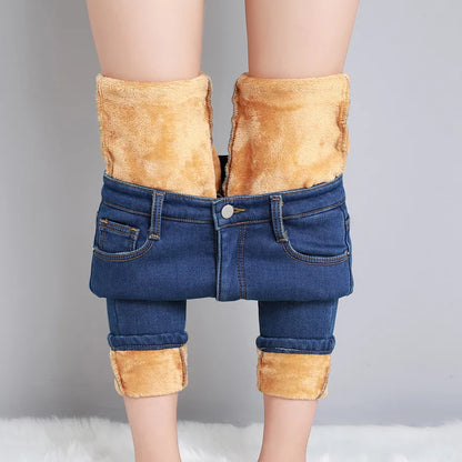 New Winter Women Snow Thermal Fleece Skinny Jeans Casual Lady Warm Velvet Thick Pencil Pants Female Basic Fleece Denim Trousers