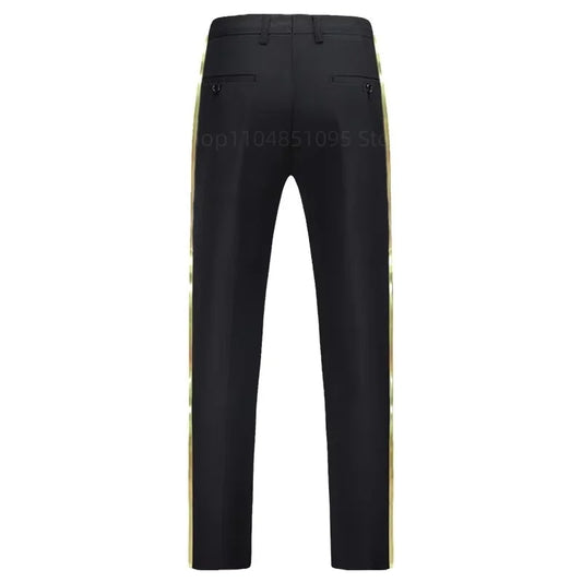 XS-6XL Men's Black Suit Pants Gold Leather Trim Casual Male Formal Business Office Pants Elastic Straight Formal Trousers