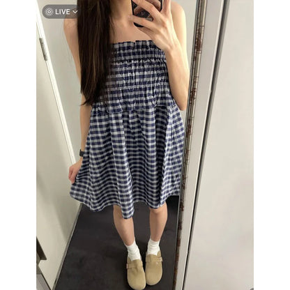 Vintage Plaid Mini Skirt Women Harajuku Aesthetic Patchwork Knee Length Skirts Summer Korean High Waist A Line Faldas New