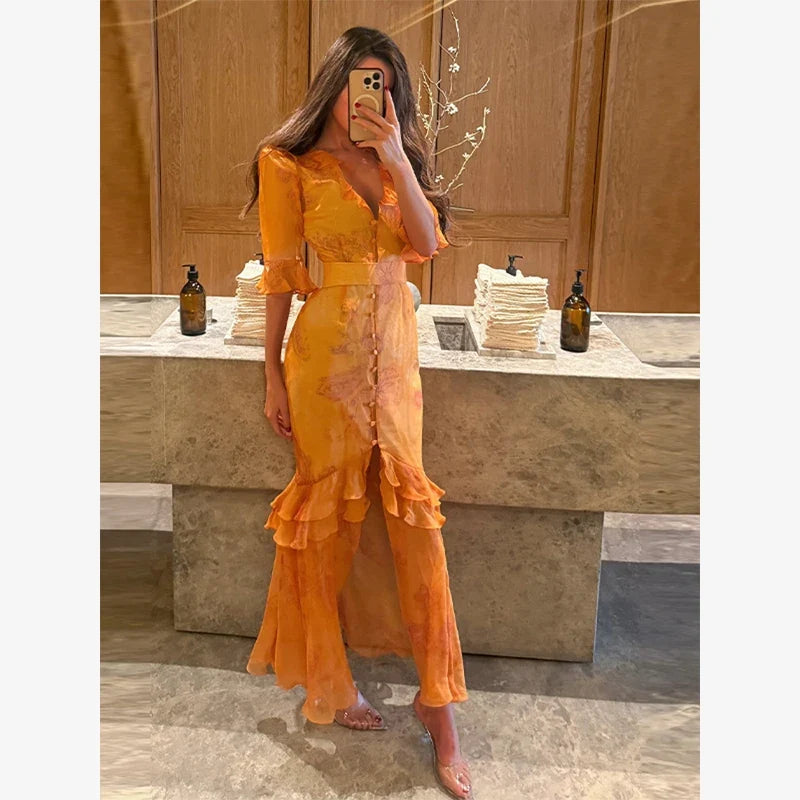 V-neck Organza Floral Chiffon Puff Sleeve Slit Long Dress Bodycon High Slit Bodycon Sexy Dresses Lady Chic Daily Sweet Date Robe