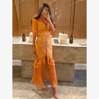 V-neck Organza Floral Chiffon Puff Sleeve Slit Long Dress Bodycon High Slit Bodycon Sexy Dresses Lady Chic Daily Sweet Date Robe