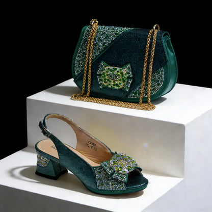 Fashion Mature Style Gold Color Striped Rhinestone Decoation Design Party Wedding Peep Toe High Heels and Bag Set