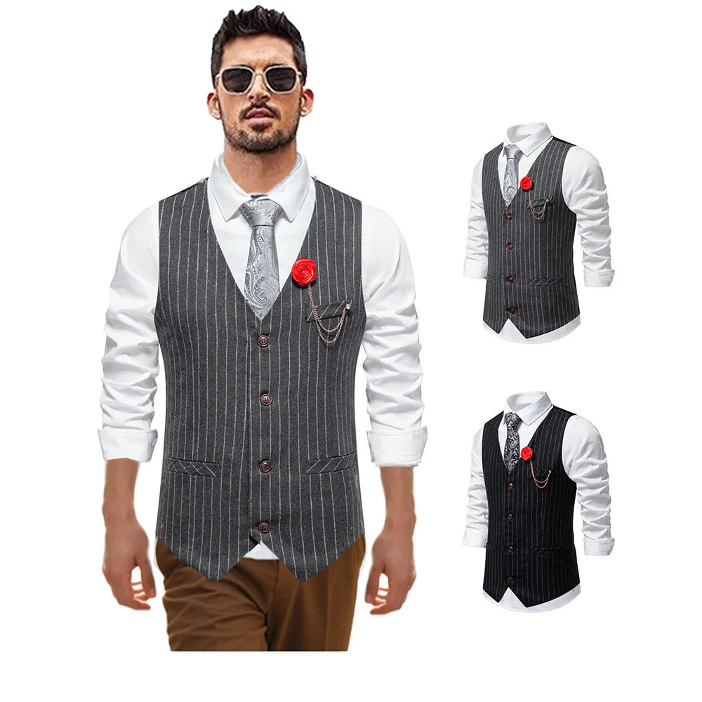Men's Suit West Retro Striped Mail Single Breasted Waistcoat Wedding Groomsman Dress Banquet Business Daily Work Outfit Top Coat