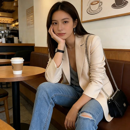 2026 Elegant jacket Women's Suit Single office Casual British Professional Women's Buttonless suit collar pocket simple coat top