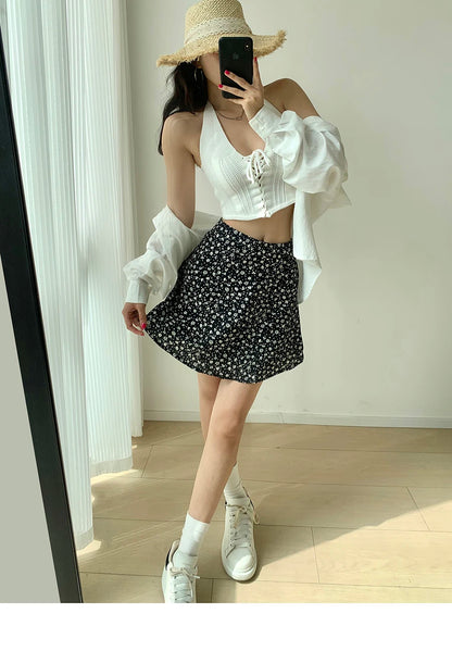 2024 Summer New Retro Vacation Style Small Floral Half Skirt High Waisted Wrap Buttocks Elegant Sweet Slim Short Skirt 06AH