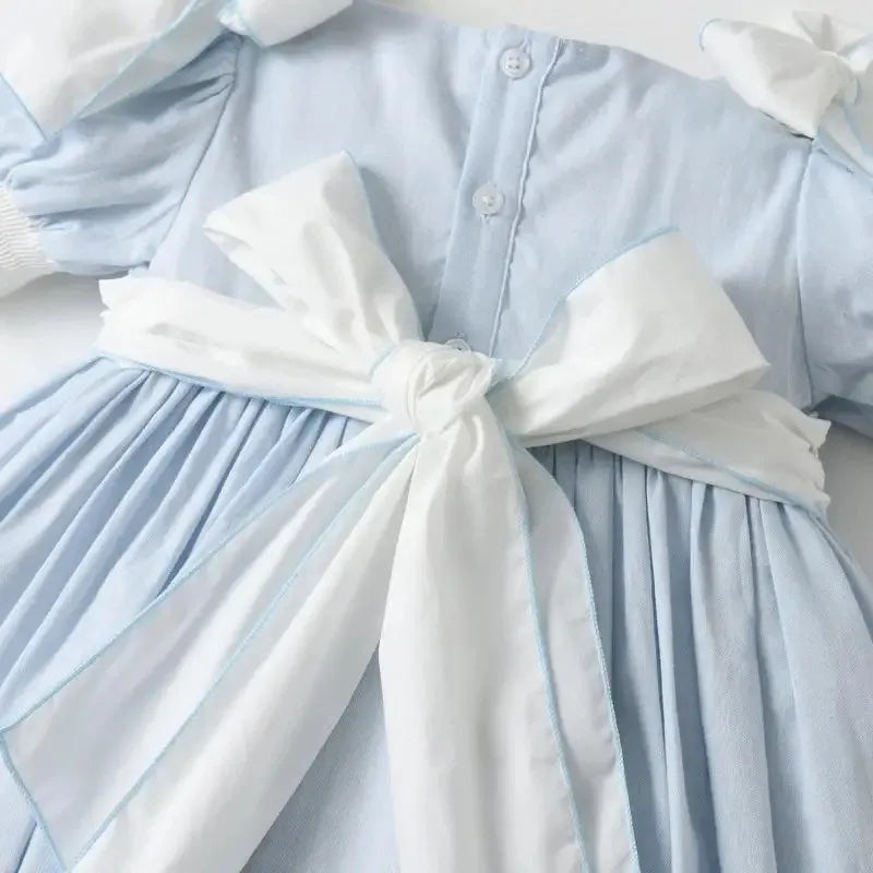 Baby Girl Princess Cotton Bow Pearl Dress Infant Toddler Child Ruffled Spanish Blue Vestido Birthday Party Baby Clothes 18M-7Y