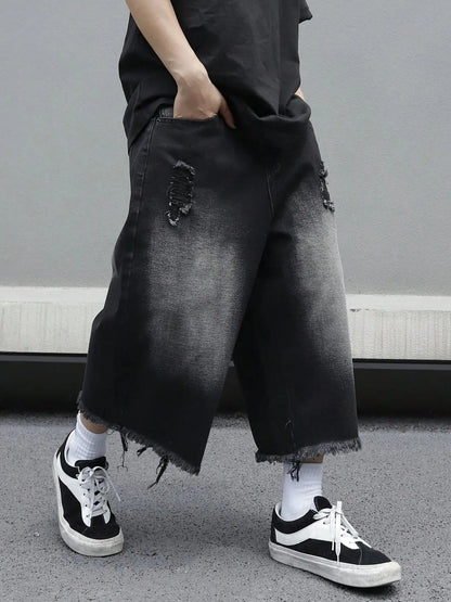 Men's Loose Ripped Denim Jeans 7 Point Calf Length Wide Leg Trousers Distressed Holes Frayed Hem Streetwear Casual Pants