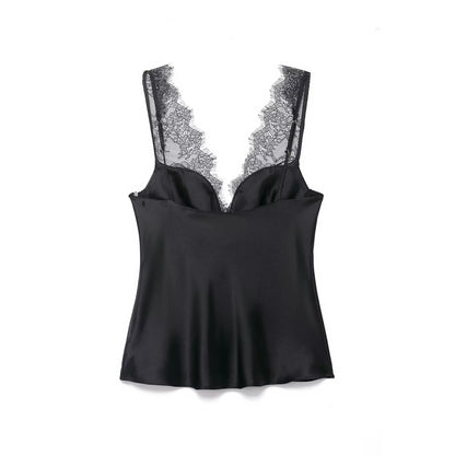 Elegant Women Lace Splice Sexy Satin Sling Tops 2026 Spring Summer Fashion Female V-Neck Backless Slimming Underwear Vest