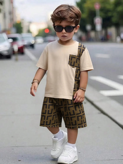 2pcs boys' clothing geometric pattern printed short sleeved round neck T-shirt with pockets paired with shorts casual set