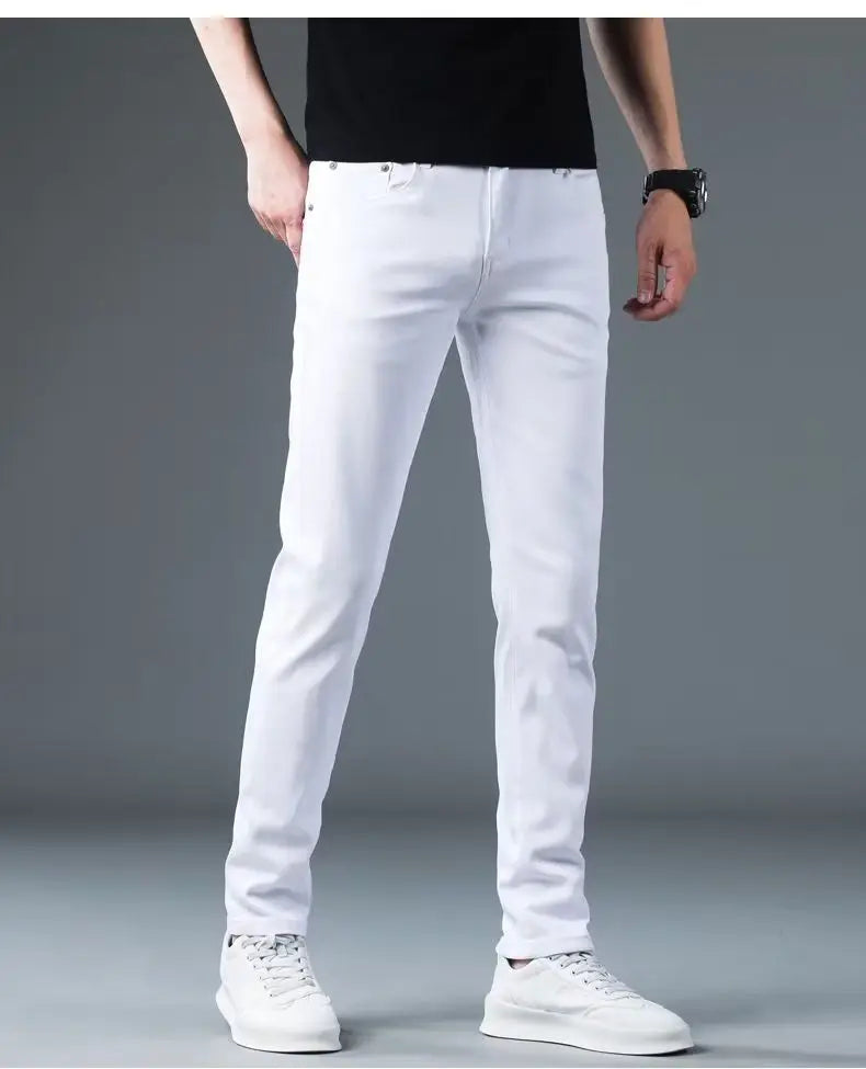 Korean Man Designer Clothes 2025 White Jeans Men Spring Autumn Printed Students Slim Stretch Pencil Pants Workwear Long Trousers