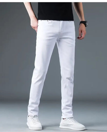 Korean Man Designer Clothes 2025 White Jeans Men Spring Autumn Printed Students Slim Stretch Pencil Pants Workwear Long Trousers