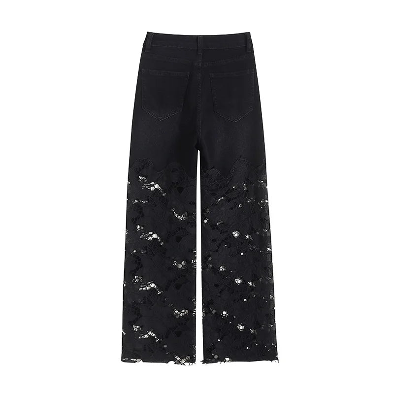 2025 Women's Denim Baggy Jeans flared Black Pants Diamonds Patchwork Lace Hollow Out Embroidery Straight  New Summer Fashion