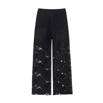 2025 Women's Denim Baggy Jeans flared Black Pants Diamonds Patchwork Lace Hollow Out Embroidery Straight  New Summer Fashion