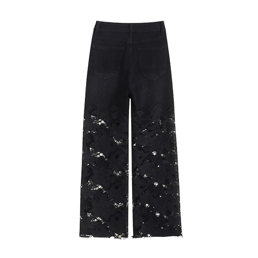 2025 Women's Denim Baggy Jeans flared Black Pants Diamonds Patchwork Lace Hollow Out Embroidery Straight  New Summer Fashion