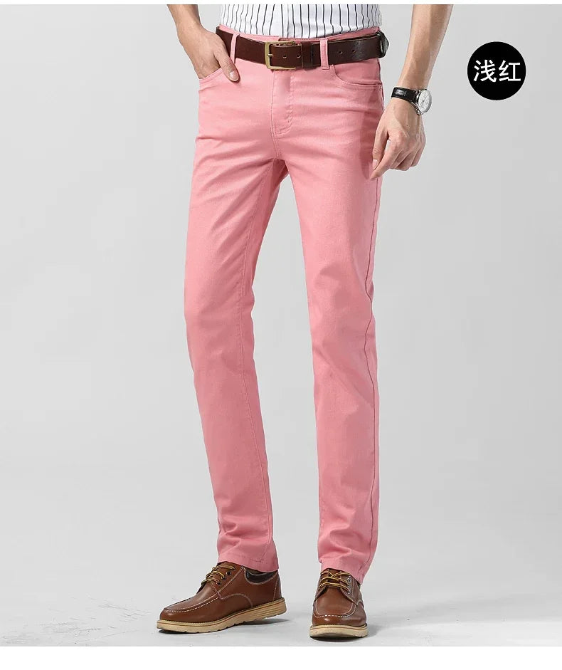 5 Colors Men's Colorful Denim Stretch Stretch Jeans Elastic Yellow Pink Red Slim Male Clothing Simple Business Denim Trousers