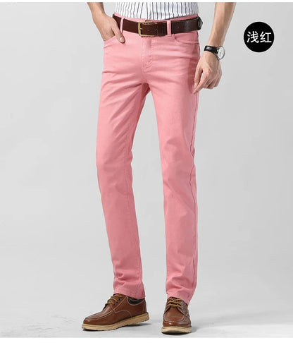 5 Colors Men's Colorful Denim Stretch Stretch Jeans Elastic Yellow Pink Red Slim Male Clothing Simple Business Denim Trousers