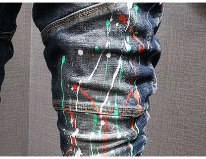 Fashion Streetwear Men Jeans Retro Black Blue Elastic Slim Fit Ripped Jeans Men Spliced Designer Embroidery Hip Hop Denim Pants