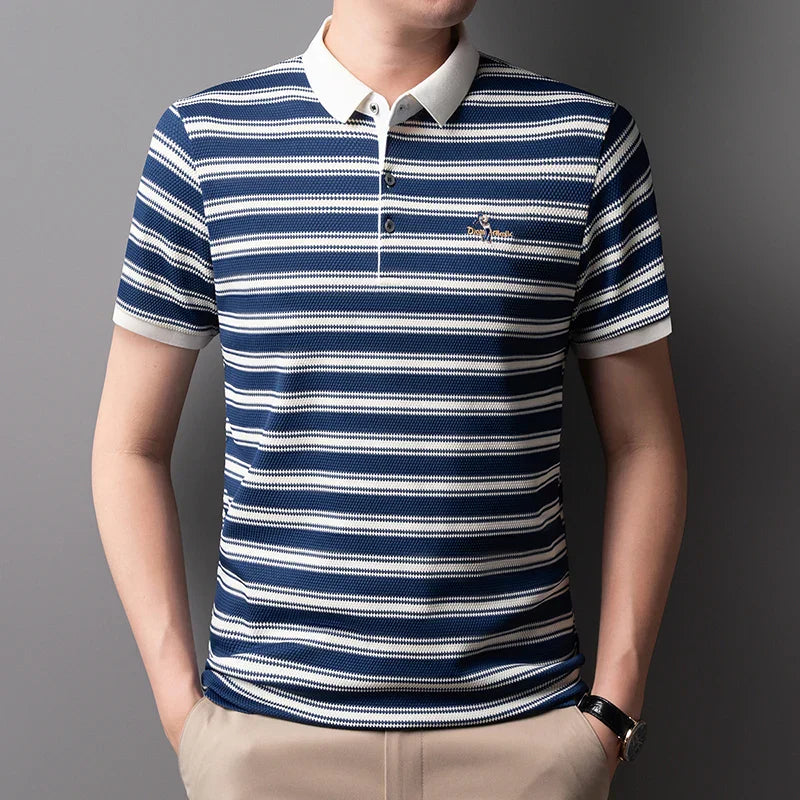 Classic striped men polo shirt summer cool breathable short sleeve fashion brand letter embroidery luxuriou casual lapel T-shirt