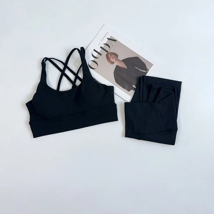 2 Pieces Yoga Set Women Gym Set Workout Clothes Sports Suits High Waist Leggings Cross Straps Fitness Bra Top Running Tracksuit