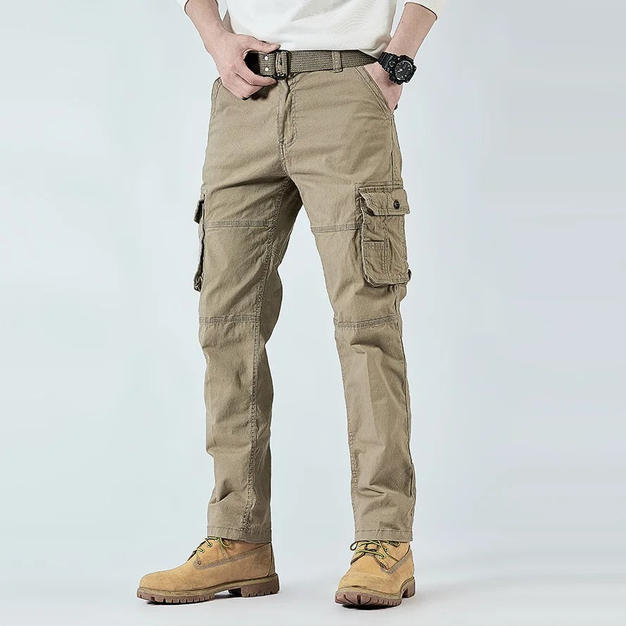 2026 Men's Cargo Pants Straight Leg Cotton Stretch Tactical Trouser Male Military Outdoor Camping Fishing Casual Work Wear Khaki