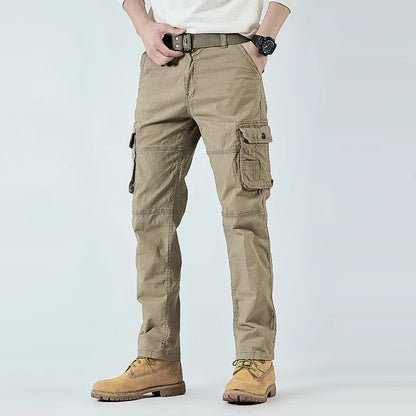 2026 Men's Cargo Pants Straight Leg Cotton Stretch Tactical Trouser Male Military Outdoor Camping Fishing Casual Work Wear Khaki